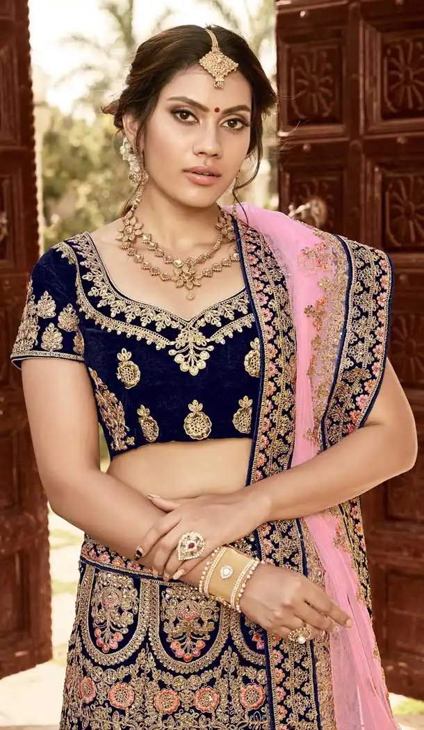 Navy Blue Color Soft Velvet Wedding Special Lehenga Choli - 472358139