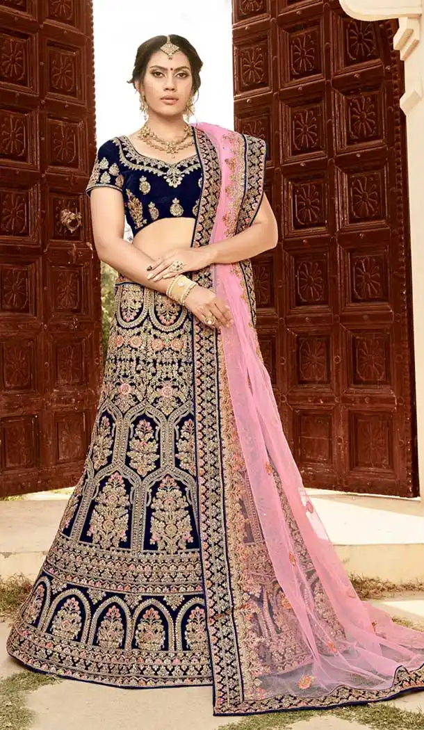 Navy Blue Color Soft Velvet Wedding Special Lehenga Choli - 472358139