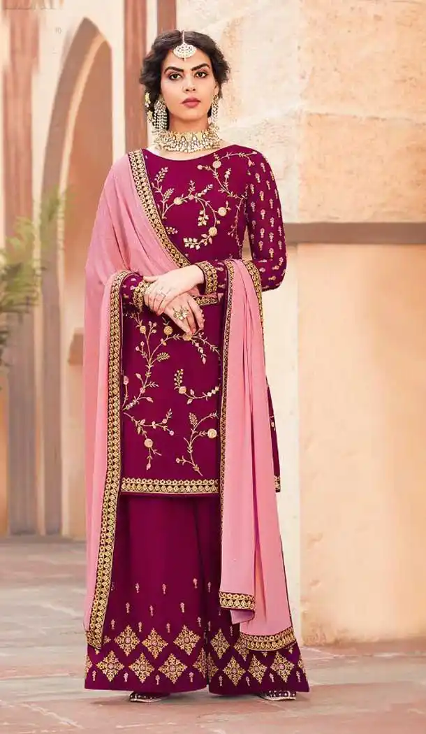 Dark Magenta Color Georgette Pakistani Palazzo Suit - 472258127