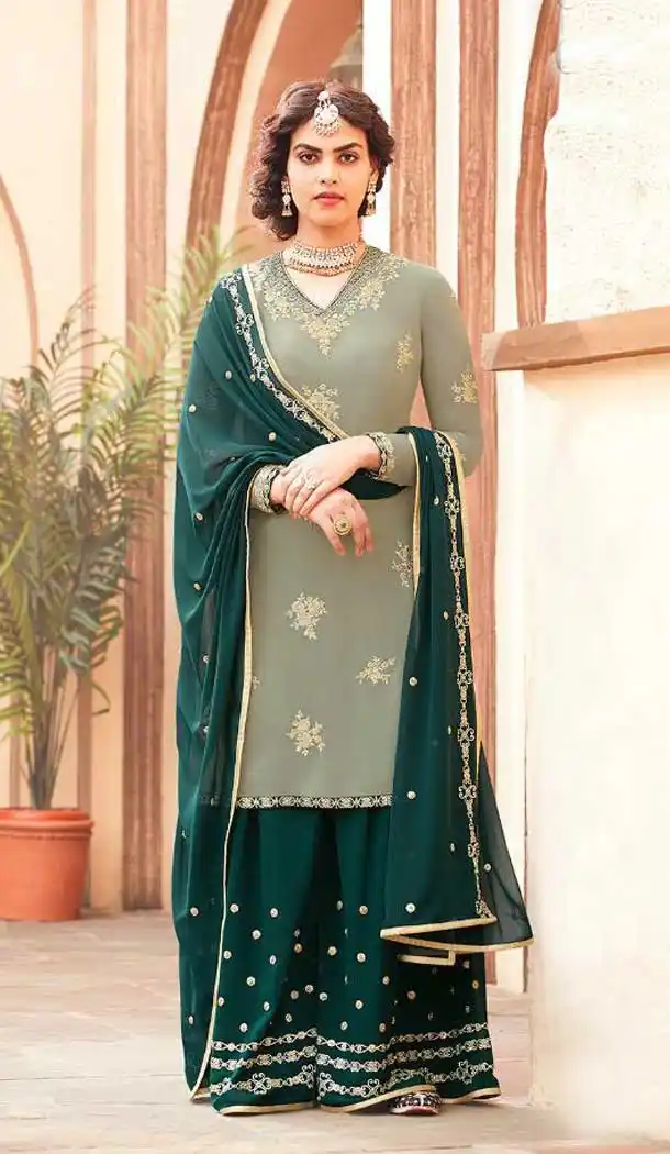 Grey Color Georgette Pakistani Palazzo Suit - 472258128
