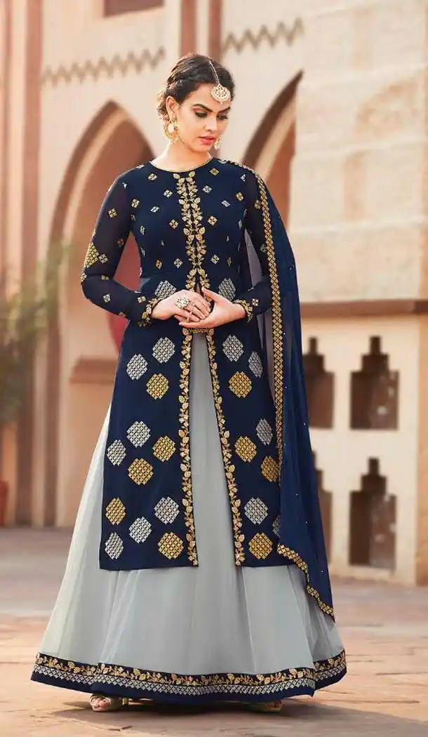 Navy Blue Color Georgette Pakistani Palazzo Suit - 472258129