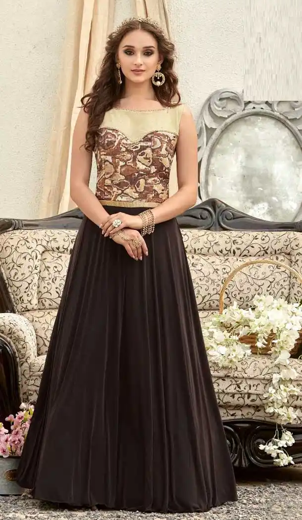 Brown Color Jacquard Designer Wear Readymade Gown Suit - 472658157