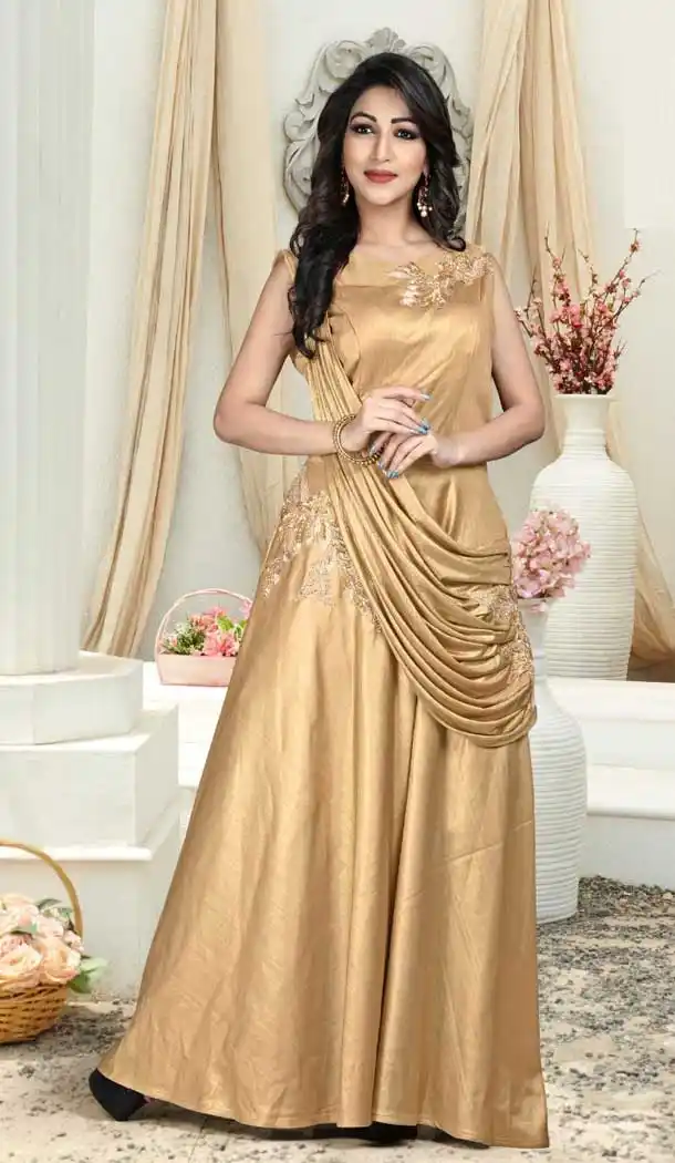 Golden Color Jacquard Designer Wear Readymade Gown Suit - 472658163