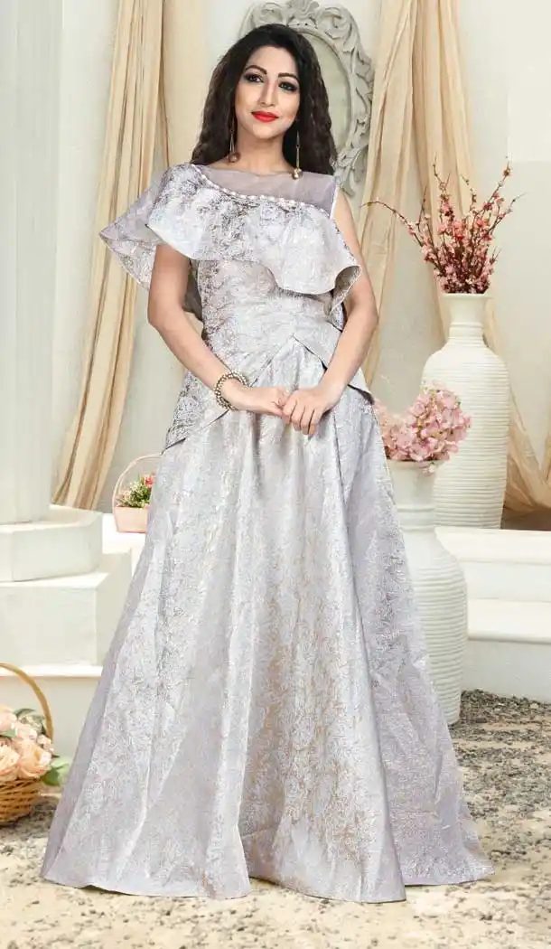 Grey Color Jacquard Designer Wear Readymade Gown Suit - 472658166