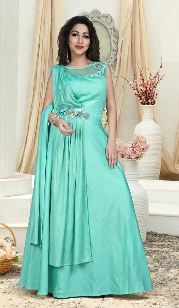 Turquoise Color Jacquard Designer Wear Readymade Gown Suit - 472658167