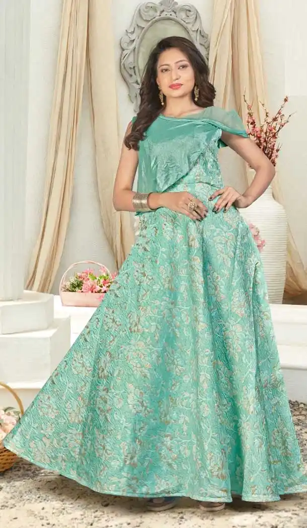 Turquoise Color Jacquard Designer Wear Readymade Gown Suit - 472658170