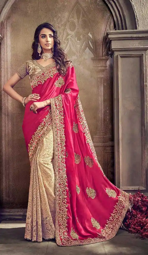 Rani And Cream Color Pure Satin Silk Designer Bridal Wear Saree - 472758175