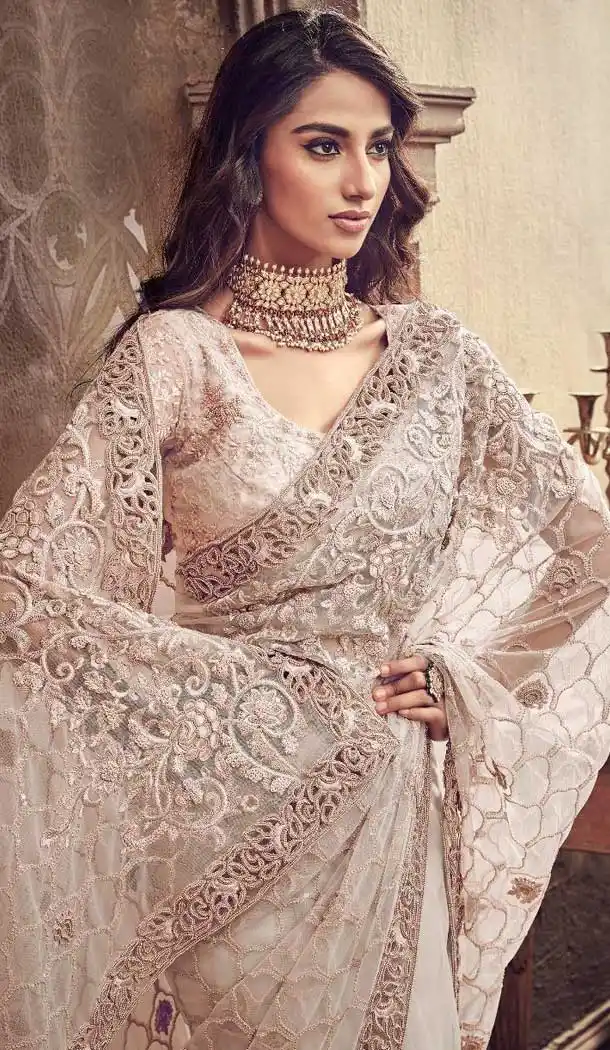 Beige Color Cement Digital Net Designer Bridal Wear Saree - 472758176