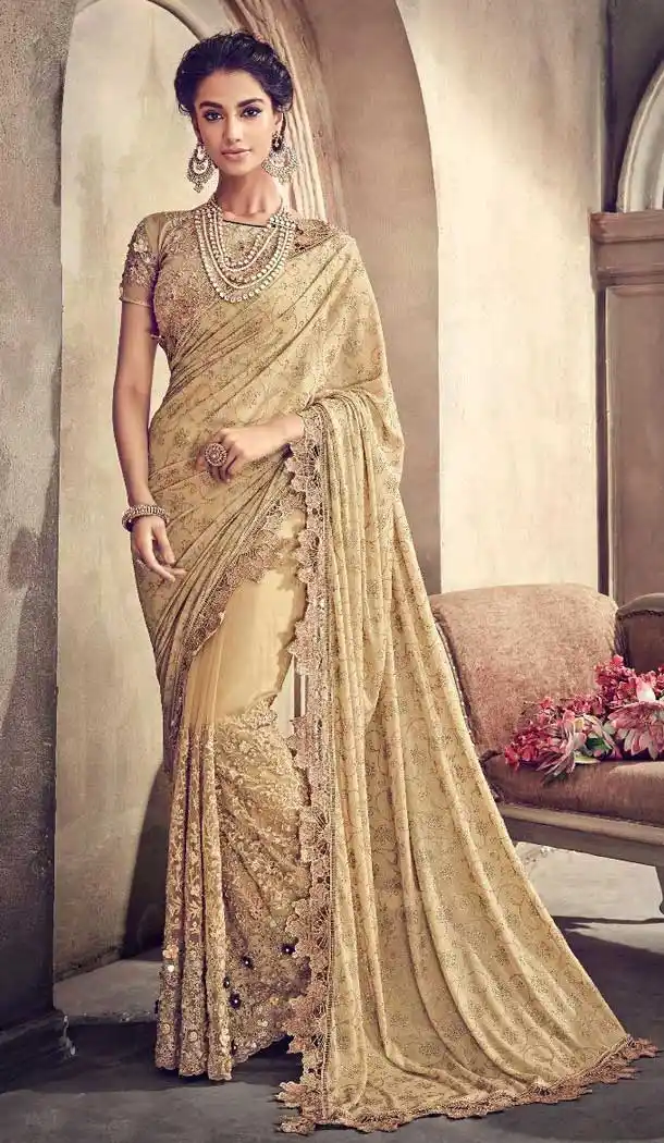 Chiku Color Lycra Net Pallu Designer Bridal Wear Saree - 472758178