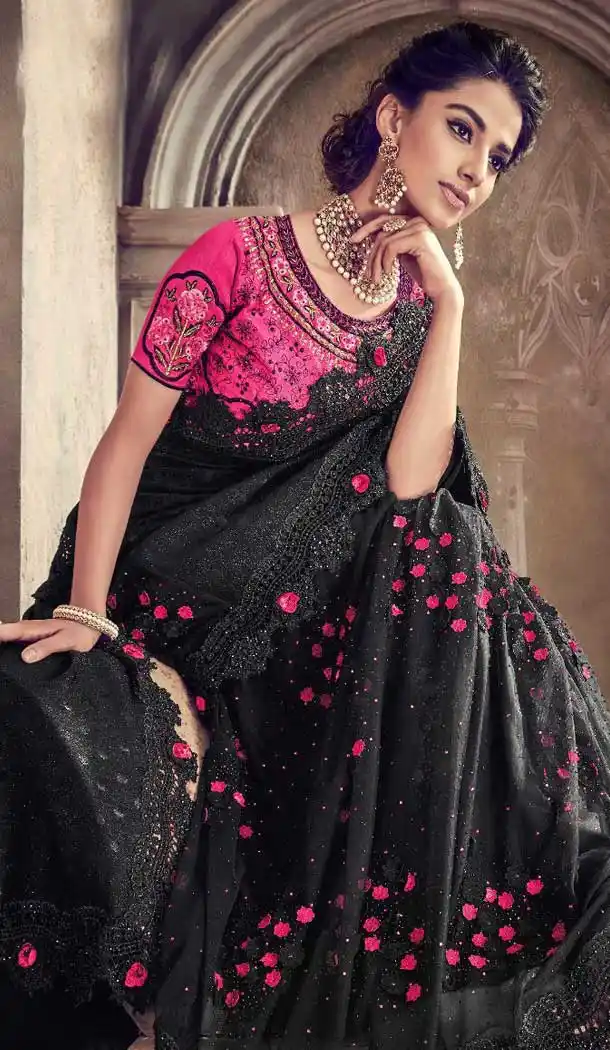 Black Color Imported Pallu Designer Bridal Wear Saree - 472758179