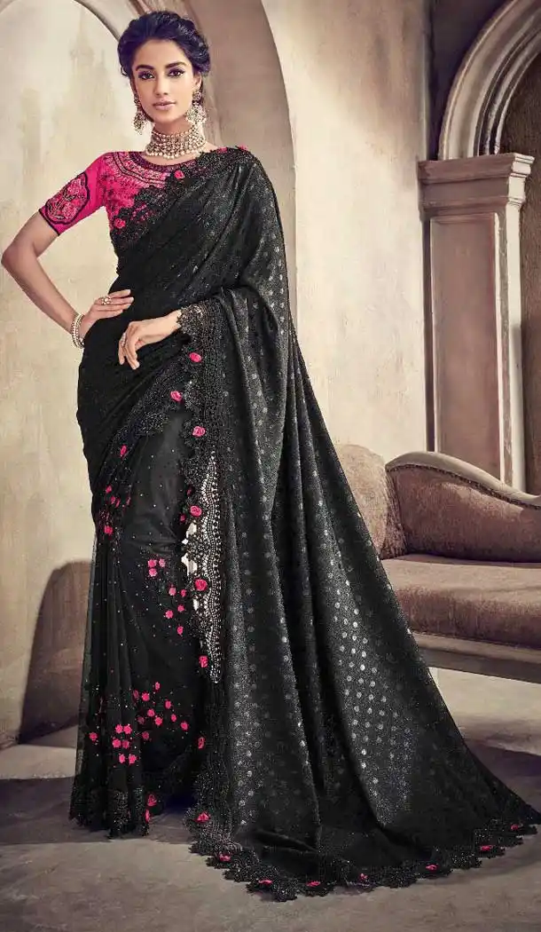 Black Color Imported Pallu Designer Bridal Wear Saree - 472758179