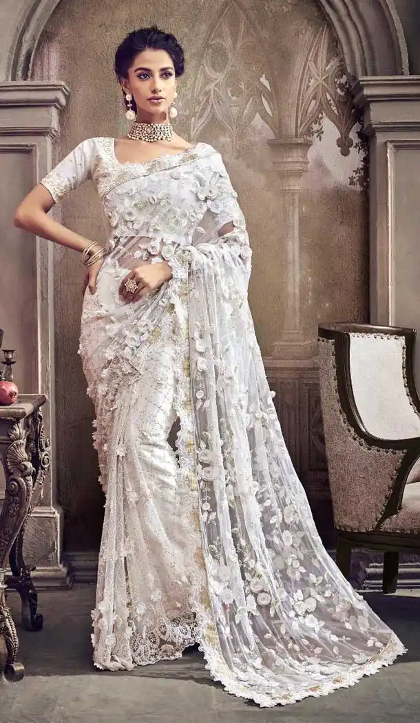 White Color Digital Net Designer Bridal Wear Saree - 472758180