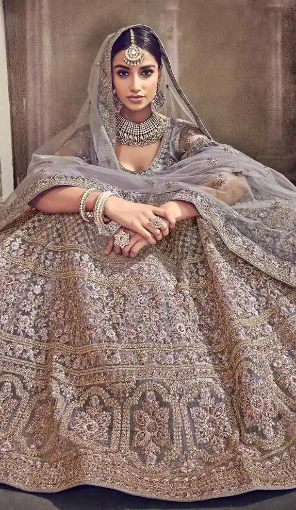 Grey Color Digital Net Designer Bridal Wear Lehenga Choli - 472758181