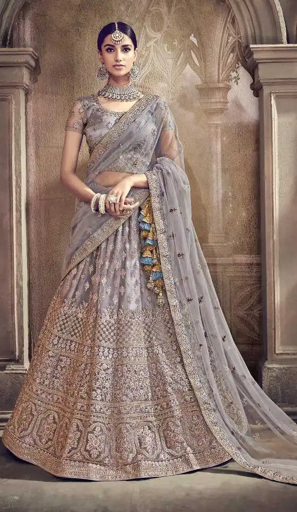 Grey Color Digital Net Designer Bridal Wear Lehenga Choli - 472758181