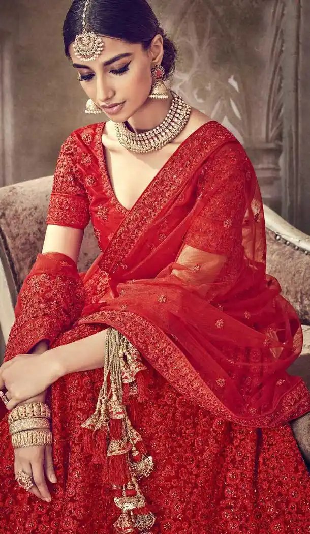 Red Color Digital Net Designer Bridal Wear Lehenga Choli - 472758182