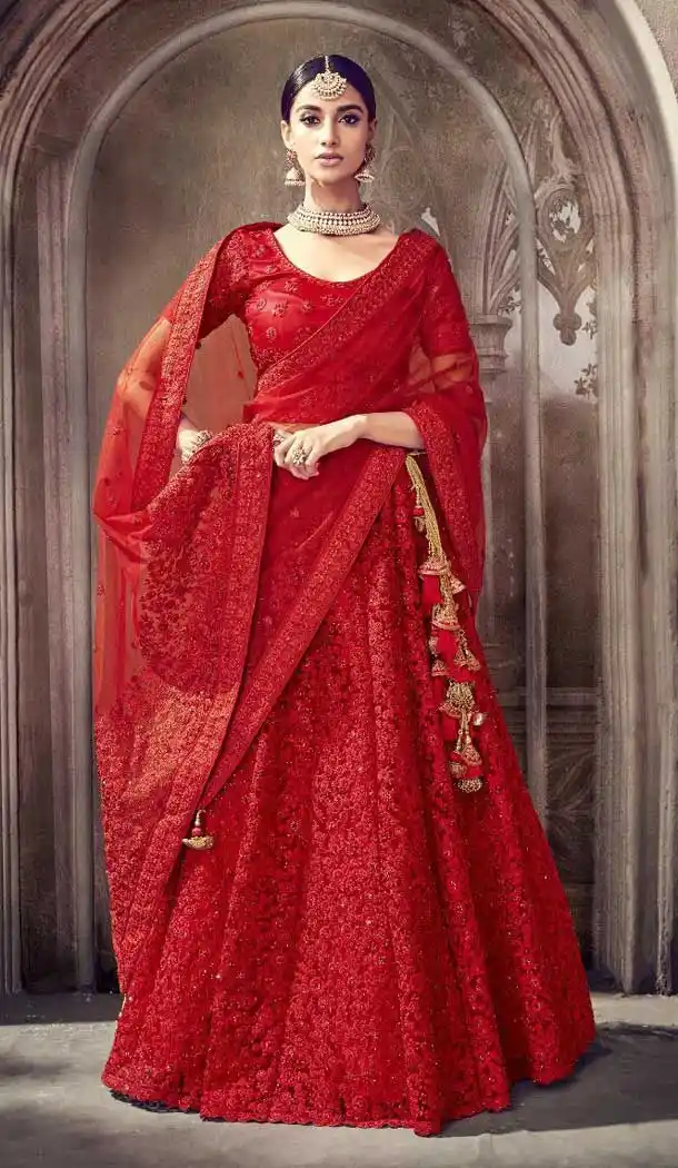 Red Color Digital Net Designer Bridal Wear Lehenga Choli - 472758182