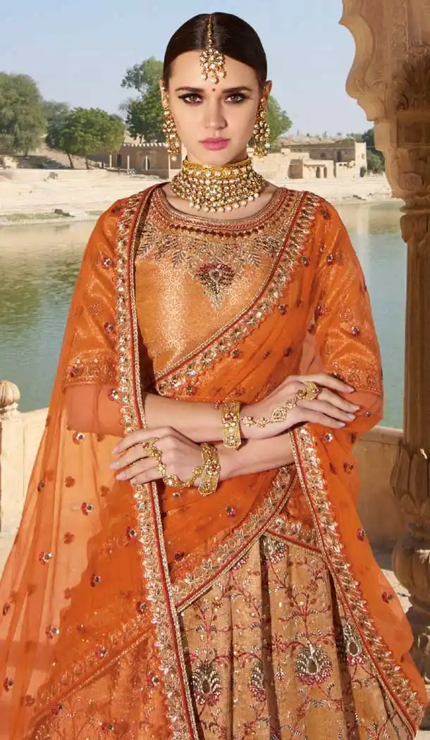 Orange Color Silk Heavy Bridal Weadding Wear Lehenga Choli - 475558446