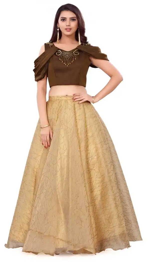 Coffee Color Orgenza Silk Designer Readymade Fancy Silk Lehenga - 475858475