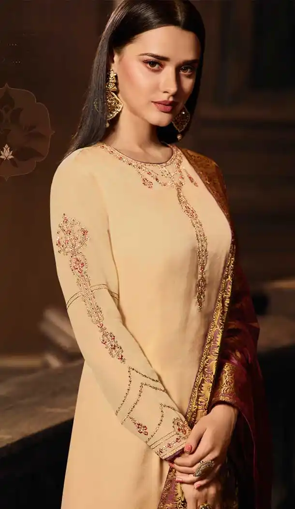 Cream Color Satin Georgette Casual Wear Salwar Kameez - 476358518