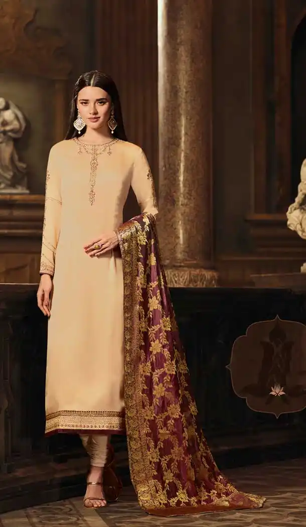 Cream Color Satin Georgette Casual Wear Salwar Kameez - 476358518