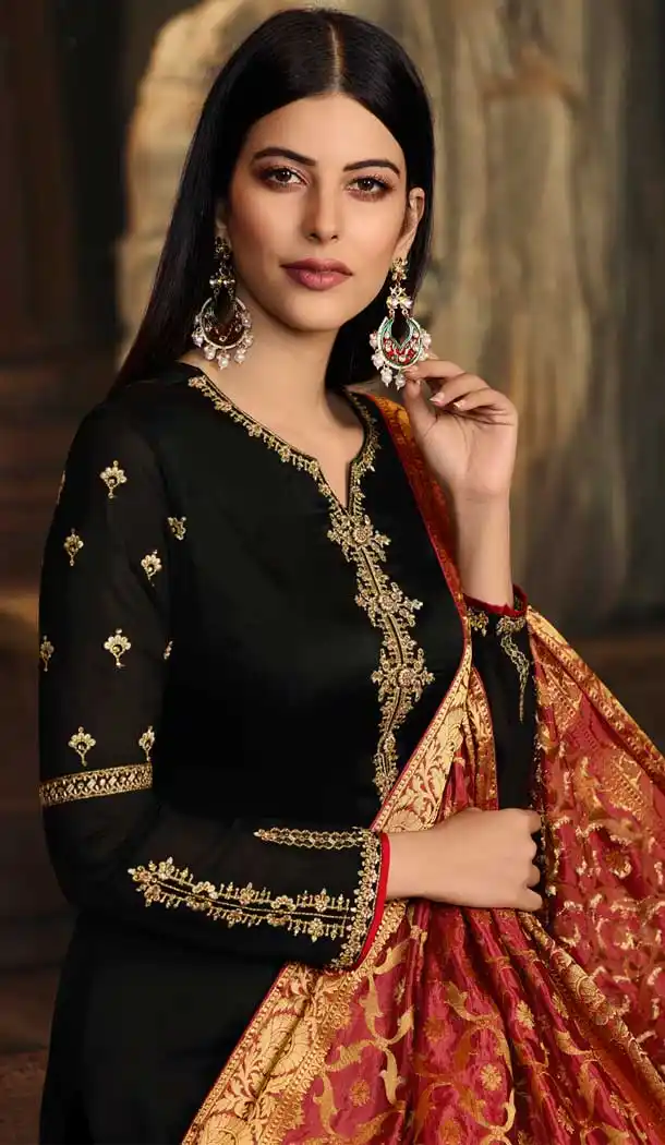 Black Color Satin Georgette Casual Wear Salwar Kameez - 476358520