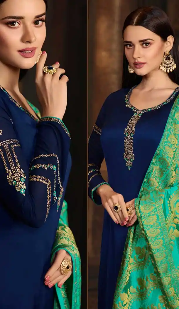 Navy Blue Color Satin Georgette Casual Wear Salwar Kameez - 476358522