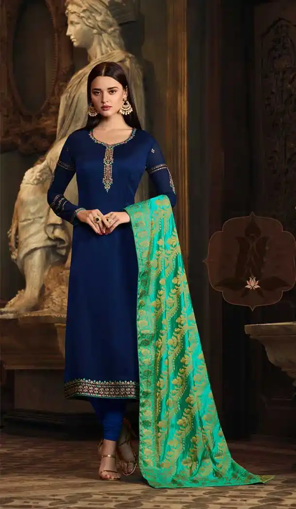 Navy Blue Color Satin Georgette Casual Wear Salwar Kameez - 476358522