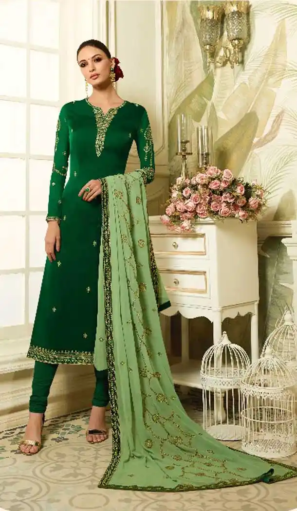 Forest Green Color Satin Georgette Evening Wear Salwar Kameez - 476458526