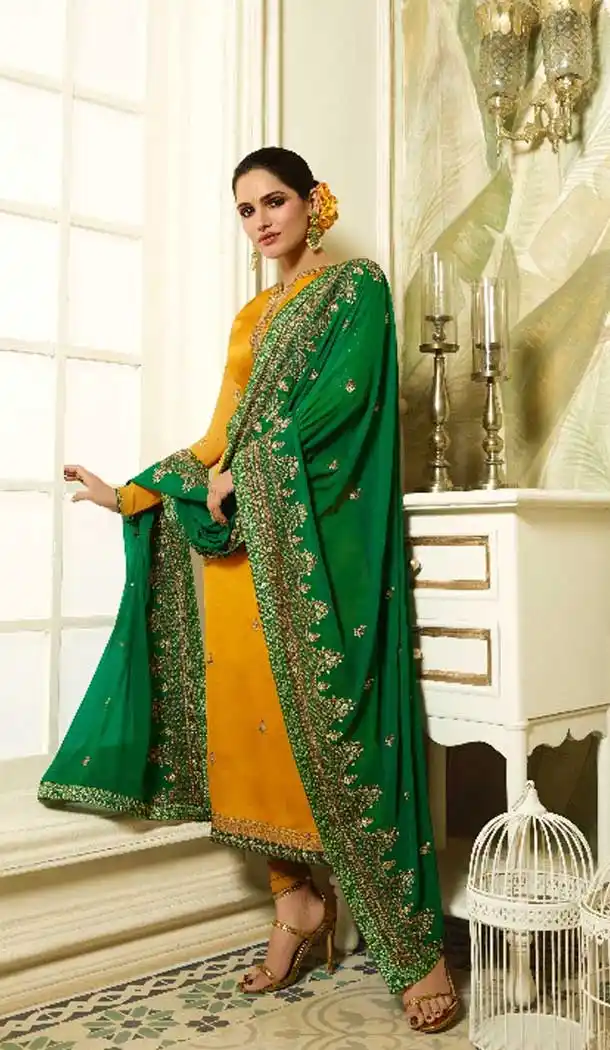 Yellow Color Satin Georgette Evening Wear Salwar Kameez - 476458527