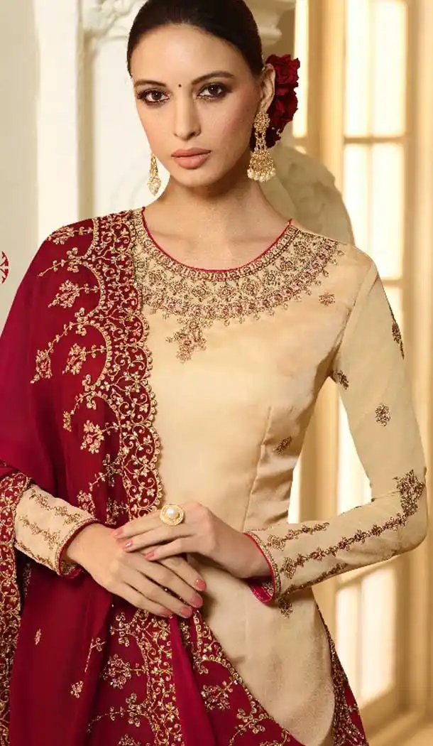 Cream Color Satin Georgette Evening Wear Salwar Kameez - 476458529