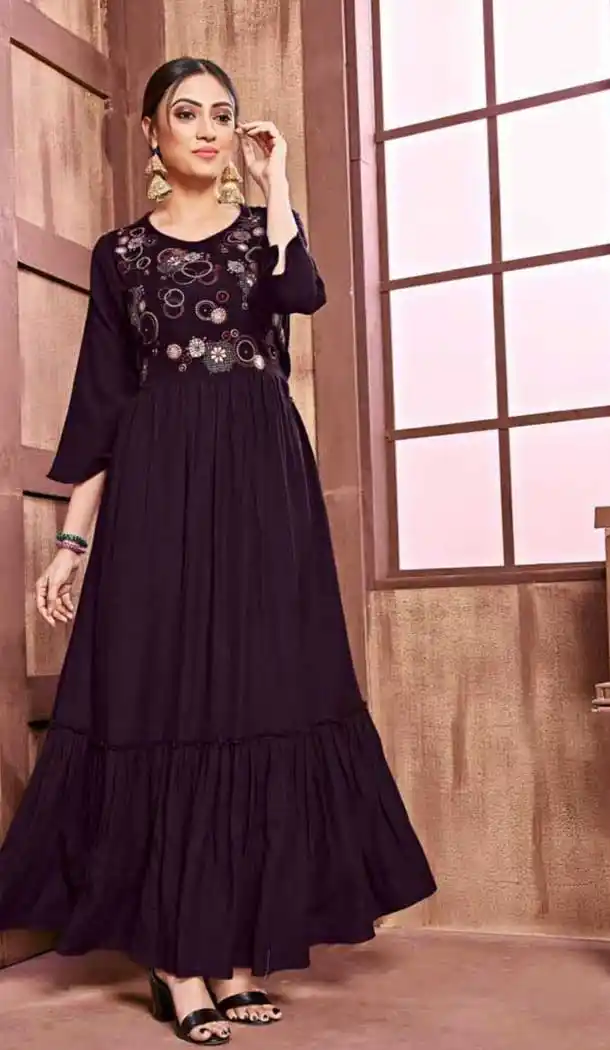 Dark Pink Color Rayon And Slub Designer Logn Readymade Kurti - 476658541