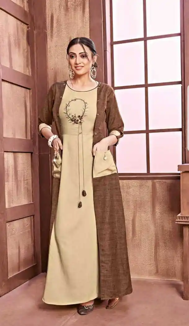 Off White Color Rayon And Slub Designer Logn Readymade Kurti - 476658542