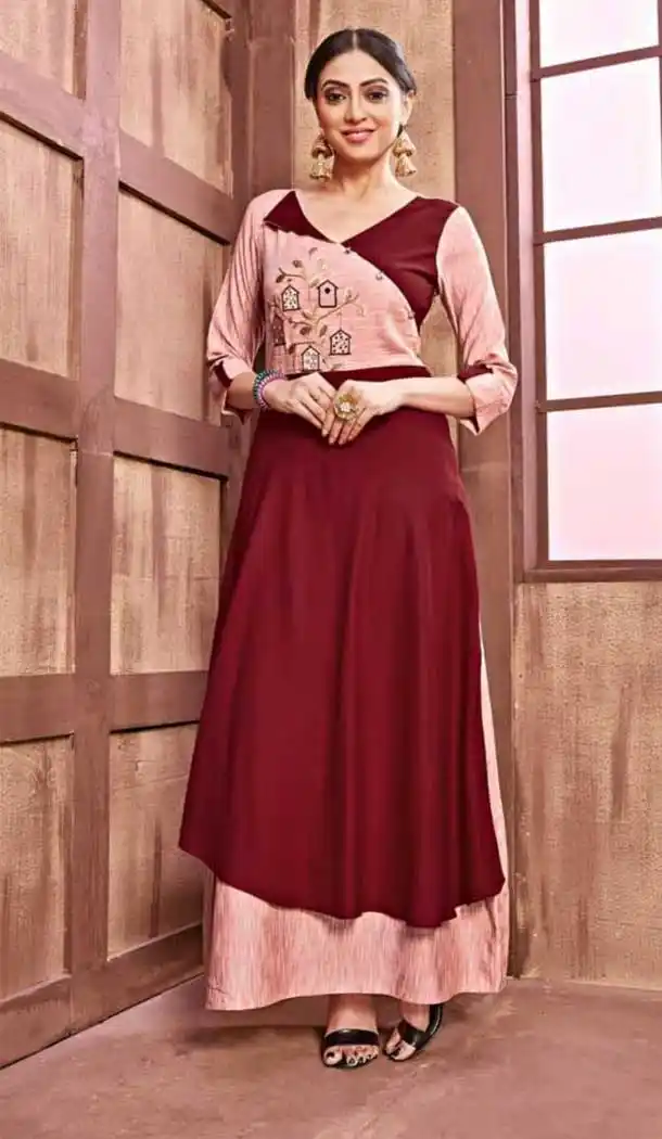 Red Color Rayon And Slub Designer Logn Readymade Kurti - 476658543
