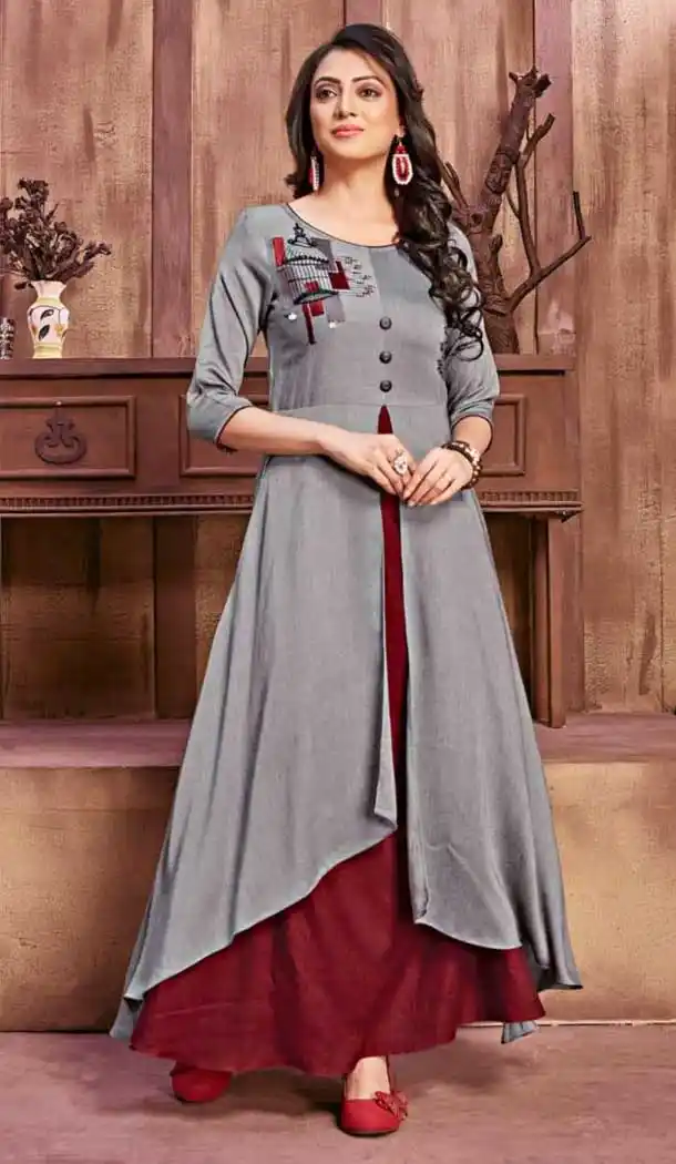 Grey Color Rayon And Slub Designer Logn Readymade Kurti - 476658544