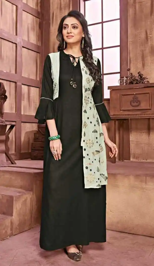 Black Color Rayon And Slub Designer Logn Readymade Kurti - 476658545