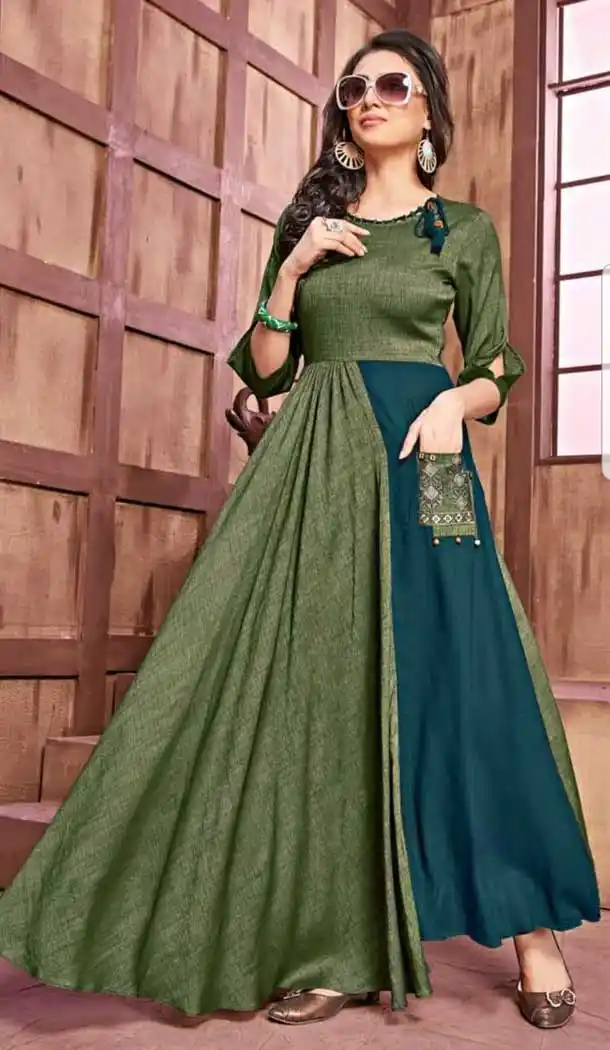 Green Color Rayon And Slub Designer Logn Readymade Kurti - 476658546