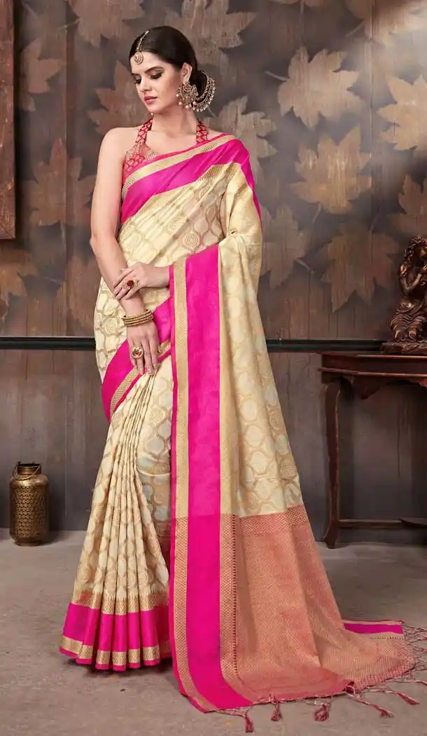 Cream Color Crystal Silk Party Wear Fancy Saree Blouse - 446754711