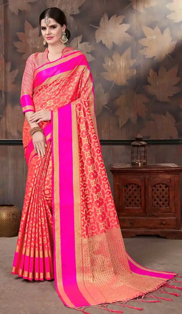 Peach And Pink Color Crystal Silk Party Wear Fancy Saree Blouse - 446754713