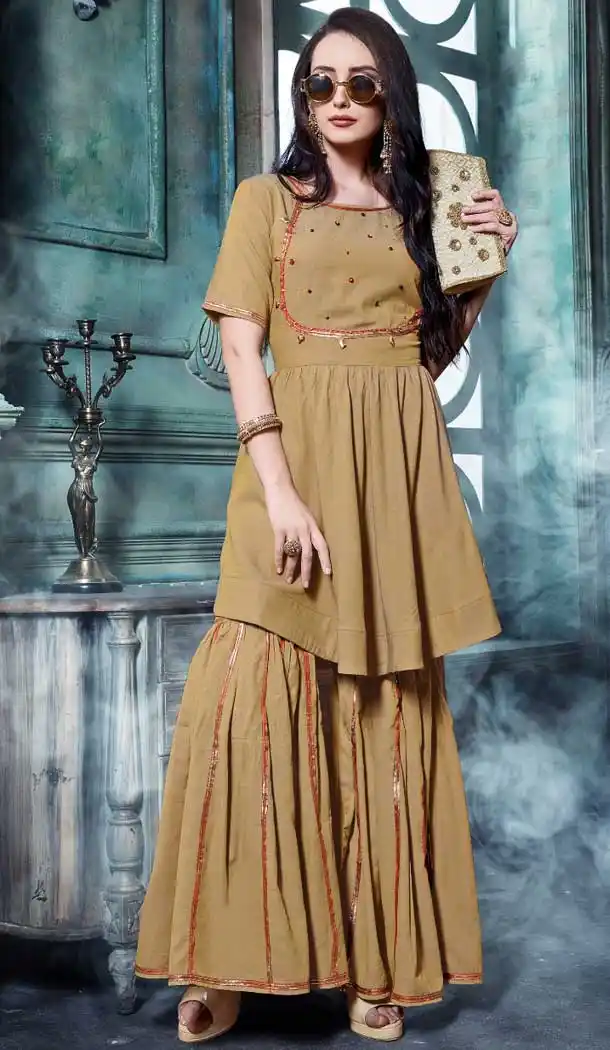 Beige Color Catonic Effect Readymade Sharara Suit - 469757795