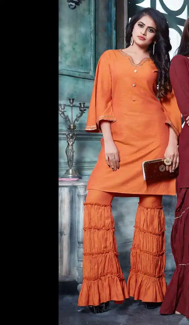Orange Color Catonic Effect Readymade Sharara Suit - 469757797