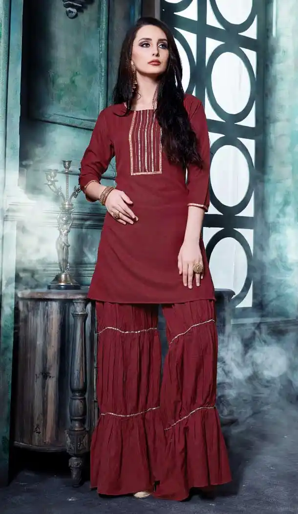 Maroon Color Catonic Effect Readymade Sharara Suit - 469757799