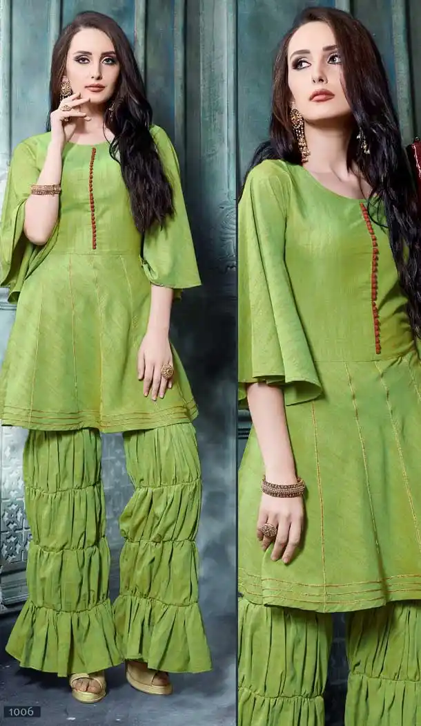 Green Color Catonic Effect Readymade Sharara Suit - 469757800