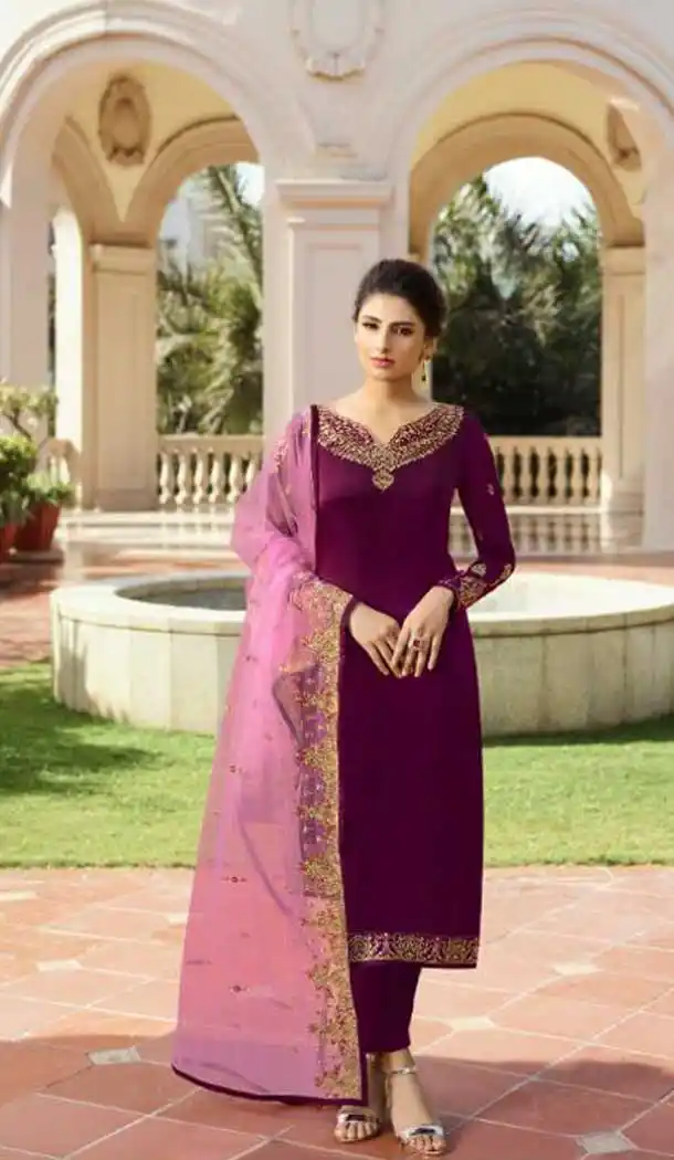 Violet Color Satin Georgette Party Wear Lehenga Suit - 476958570