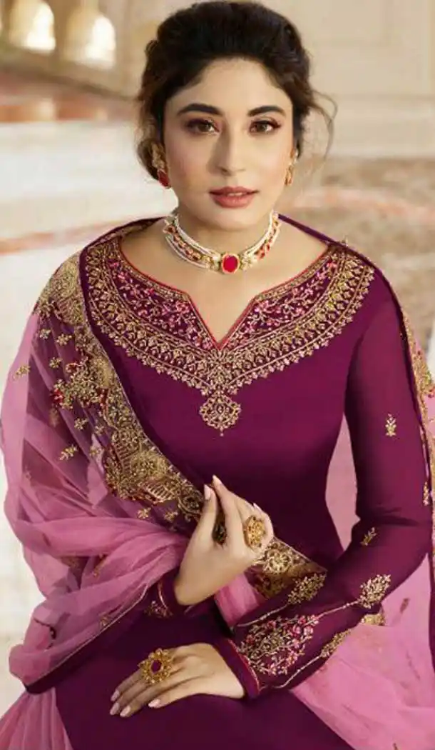 Violet Color Satin Georgette Party Wear Lehenga Suit - 476958570