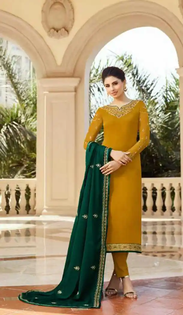 Musterd Color Satin Georgette Party Wear Lehenga Suit - 476958572