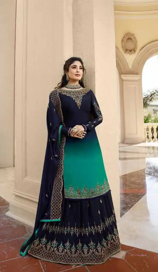 Navy Blue Color Satin Georgette Party Wear Lehenga Suit