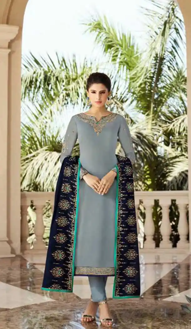Grey Color Satin Georgette Party Wear Lehenga Suit - 476958574