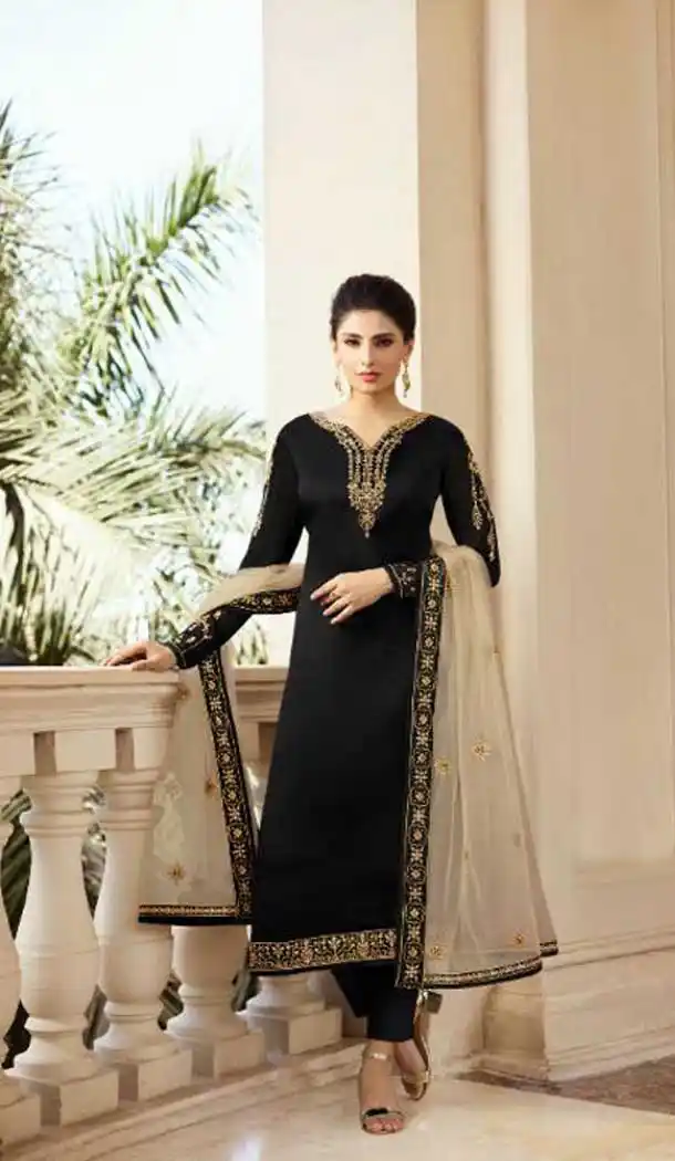 Black Color Satin Georgette Party Wear Lehenga Suit - 476958576