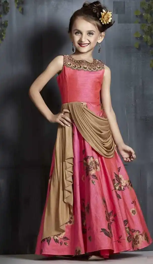 Ruby Pink Color Sanatoon Designer Kids Girls Gown Dress - 4123552