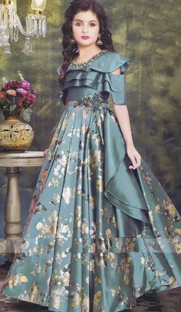 Stone Blue Color Sanatoon Designer Kids Girls Gown Dress - 4123553